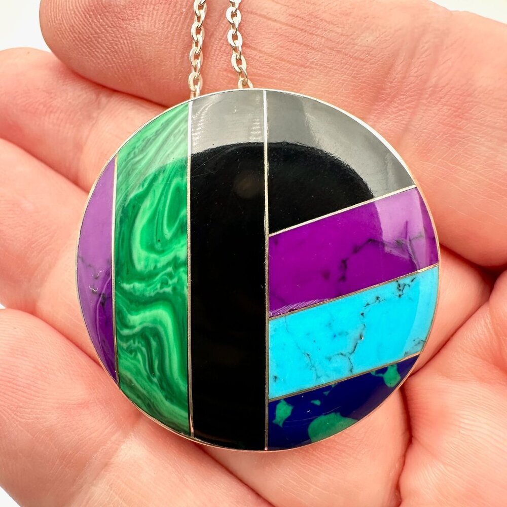 Mexico CII Womens Necklace Sterling Silver Multi Gemstone Inlay Pendant